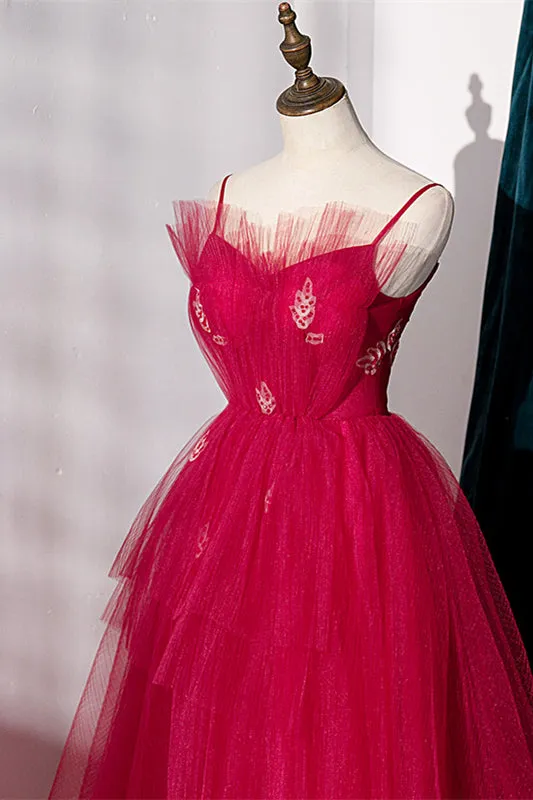 Spaghetti Straps Red Tulle A-line Long Formal Dress