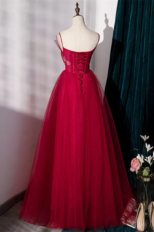 Spaghetti Straps Red Tulle A-line Long Formal Dress