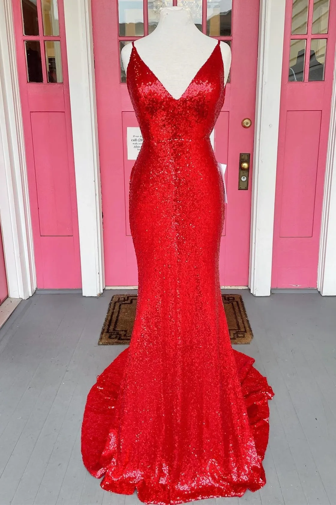 Sparkle Red Sequin Mermaid V Neck Long Prom Dress