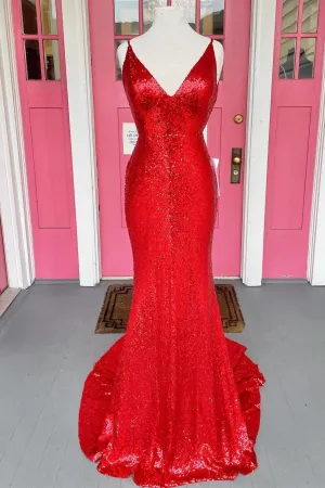 Sparkle Red Sequin Mermaid V Neck Long Prom Dress