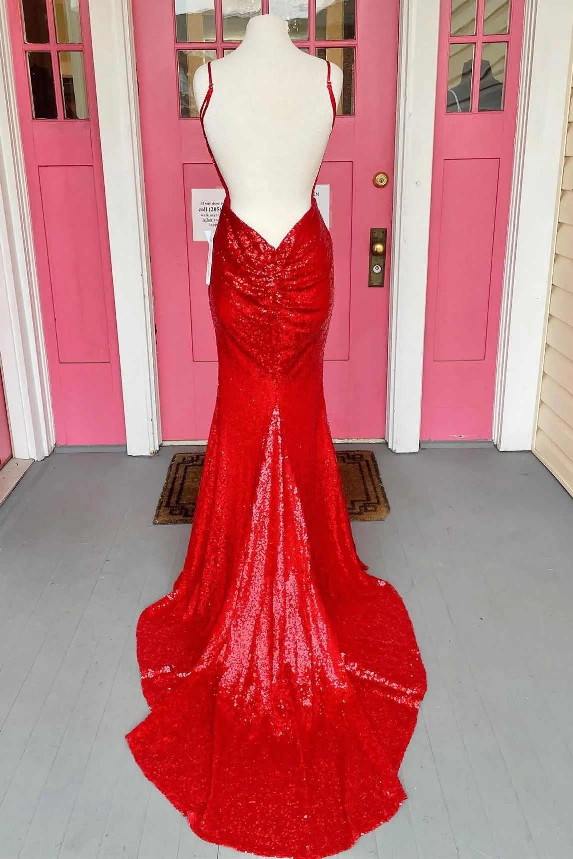 Sparkle Red Sequin Mermaid V Neck Long Prom Dress