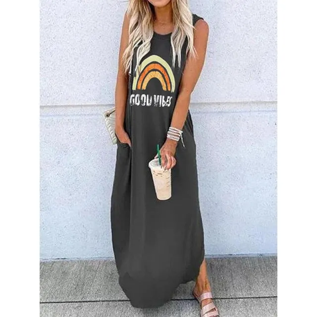 spring / summer hot print round neck loose long dress