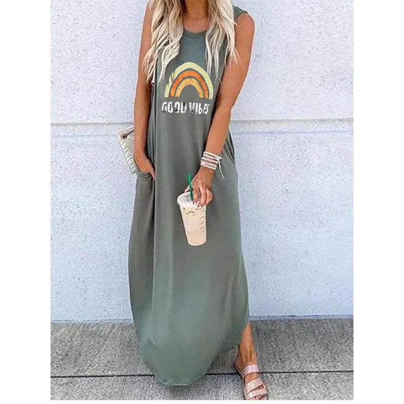 spring / summer hot print round neck loose long dress
