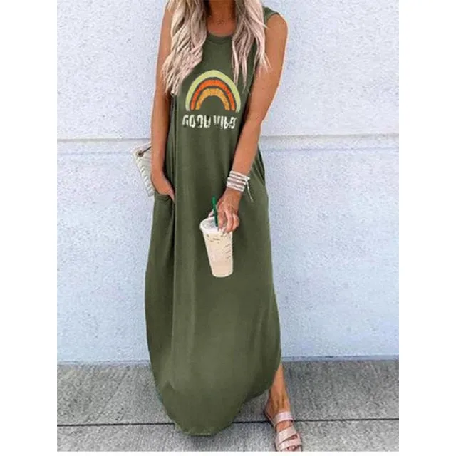 spring / summer hot print round neck loose long dress