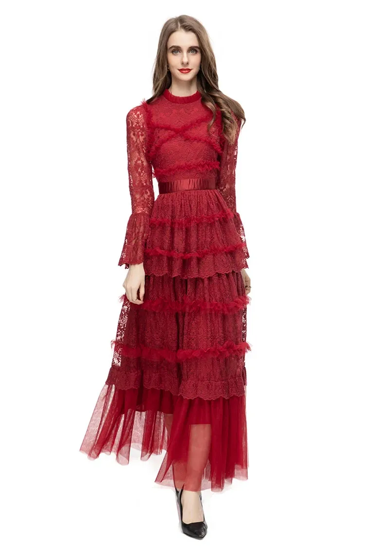 Stormi Stand Collar Long Sleeve Mesh Ruffles Embroidery Slim Long Dress