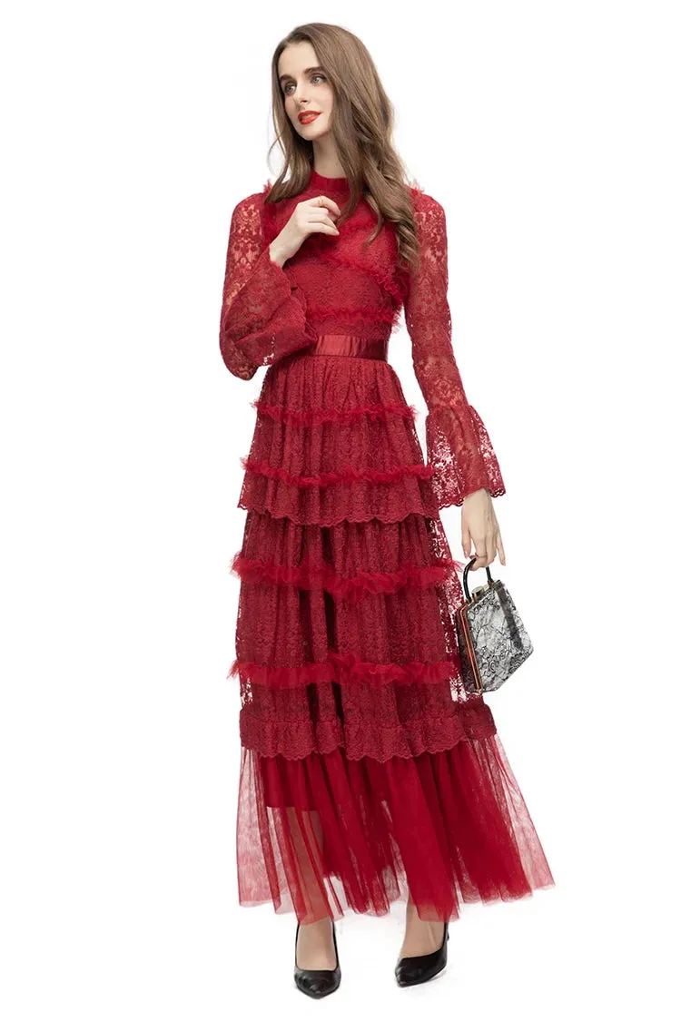 Stormi Stand Collar Long Sleeve Mesh Ruffles Embroidery Slim Long Dress