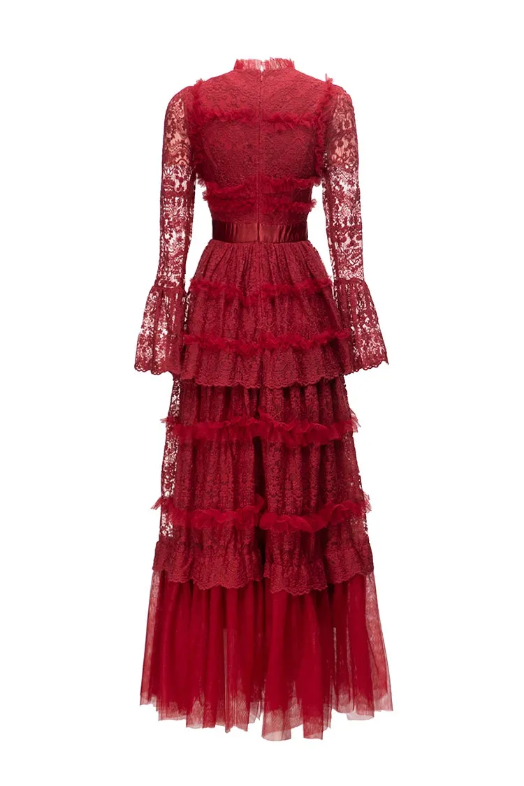 Stormi Stand Collar Long Sleeve Mesh Ruffles Embroidery Slim Long Dress