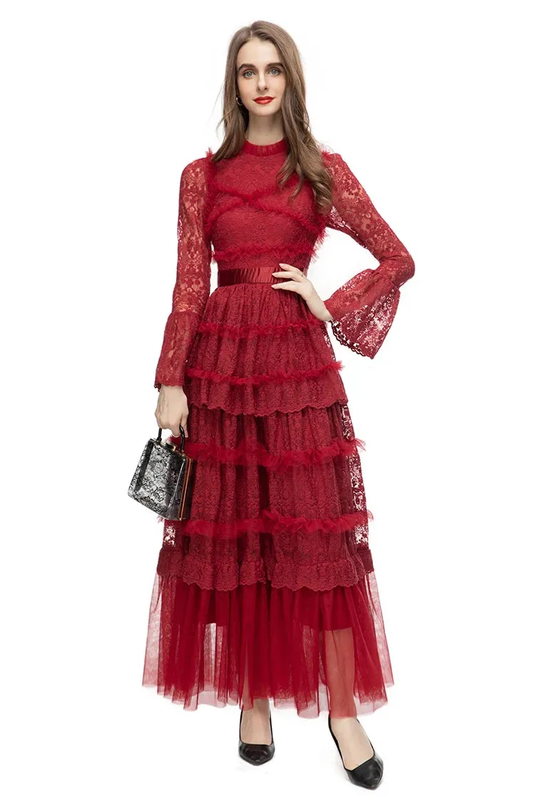 Stormi Stand Collar Long Sleeve Mesh Ruffles Embroidery Slim Long Dress