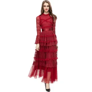 Stormi Stand Collar Long Sleeve Mesh Ruffles Embroidery Slim Long Dress