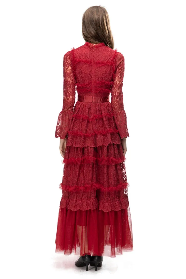 Stormi Stand Collar Long Sleeve Mesh Ruffles Embroidery Slim Long Dress