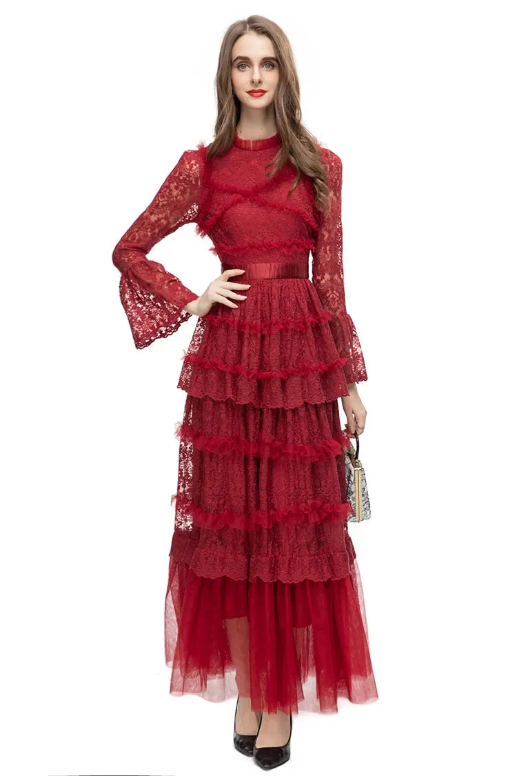 Stormi Stand Collar Long Sleeve Mesh Ruffles Embroidery Slim Long Dress