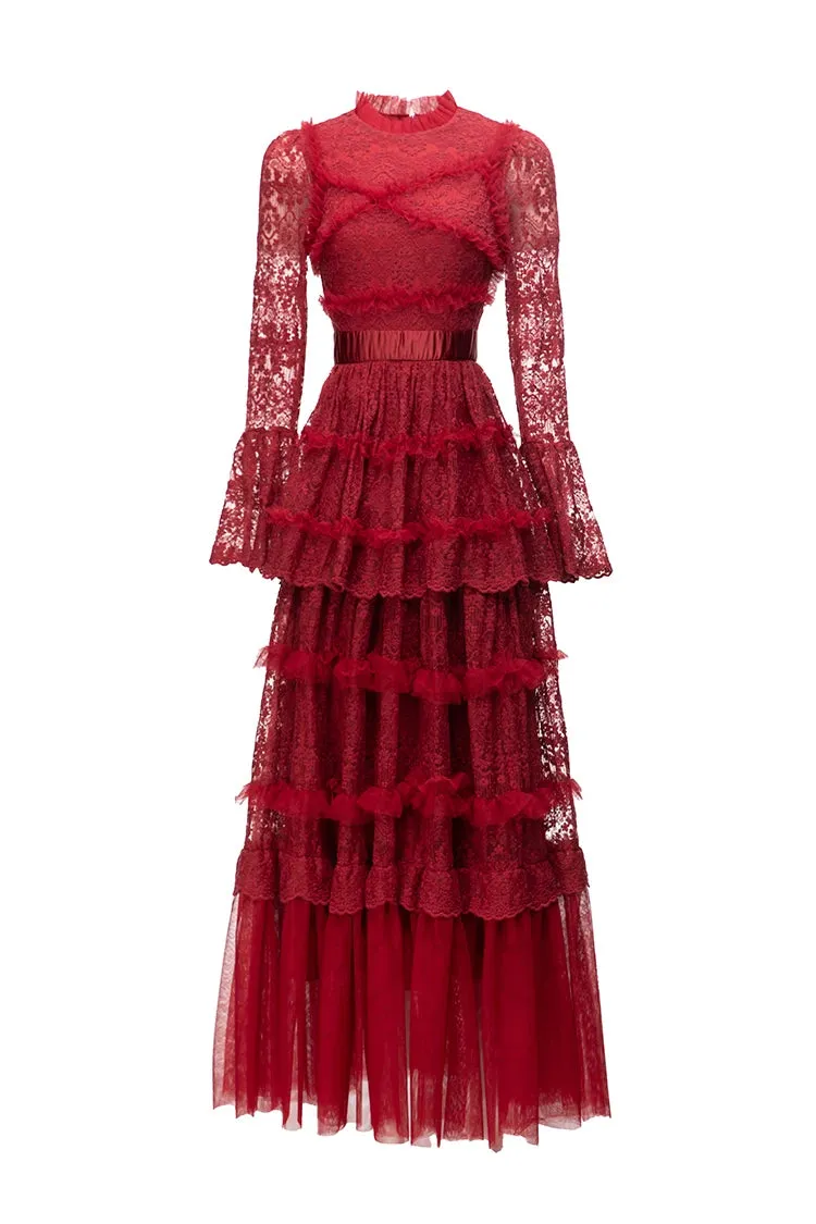 Stormi Stand Collar Long Sleeve Mesh Ruffles Embroidery Slim Long Dress