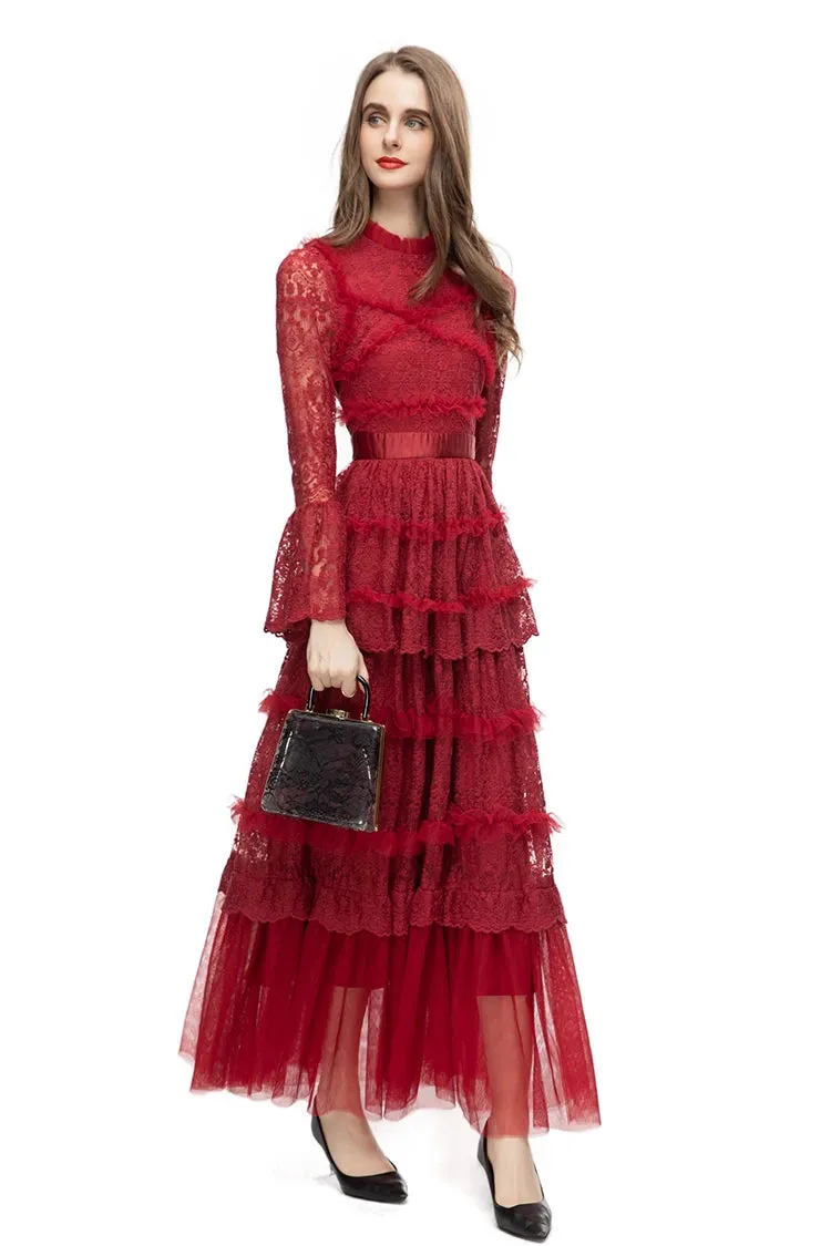Stormi Stand Collar Long Sleeve Mesh Ruffles Embroidery Slim Long Dress