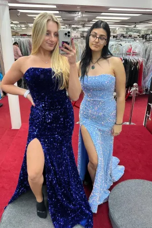 Strapless Sequin Mermaid Long Prom Dress with Slit