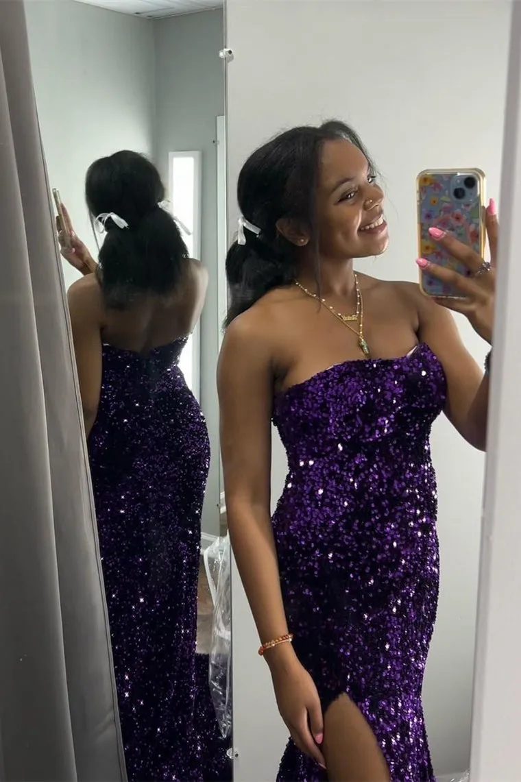 Strapless Sequin Mermaid Long Prom Dress with Slit