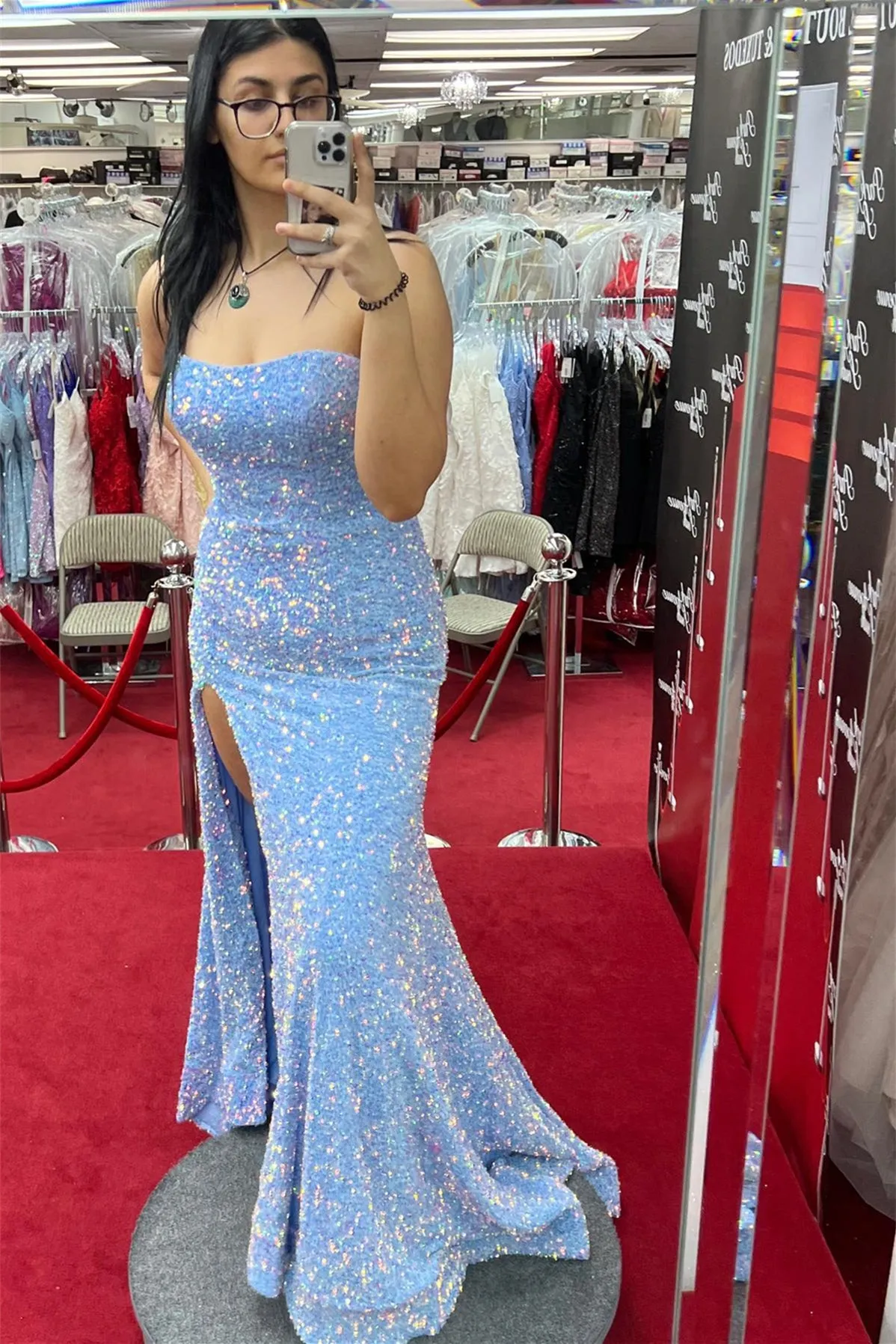 Strapless Sequin Mermaid Long Prom Dress with Slit