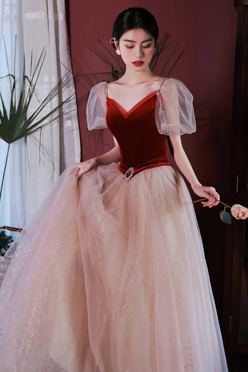 Straps Burgundy Velvet and Tulle A-line Long Formal Dress