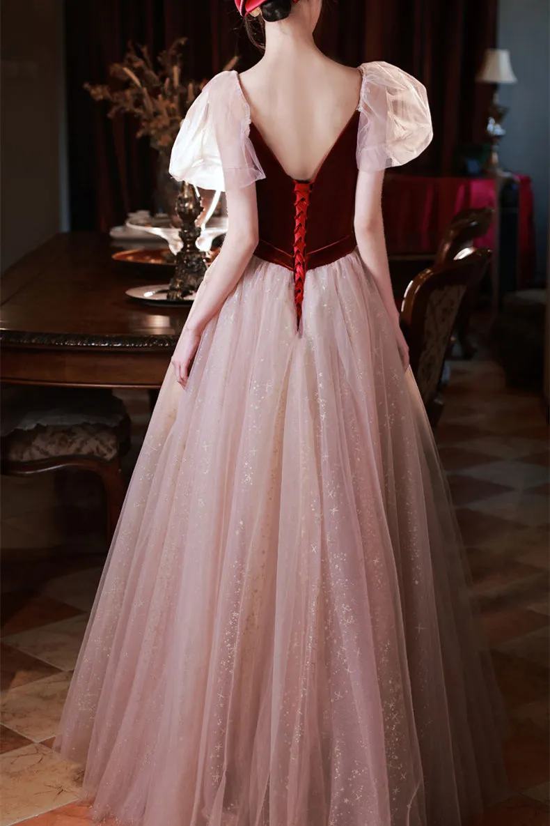 Straps Burgundy Velvet and Tulle A-line Long Formal Dress