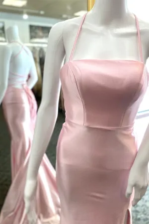 Straps Pink Mermaid Long Prom Dress with Slit