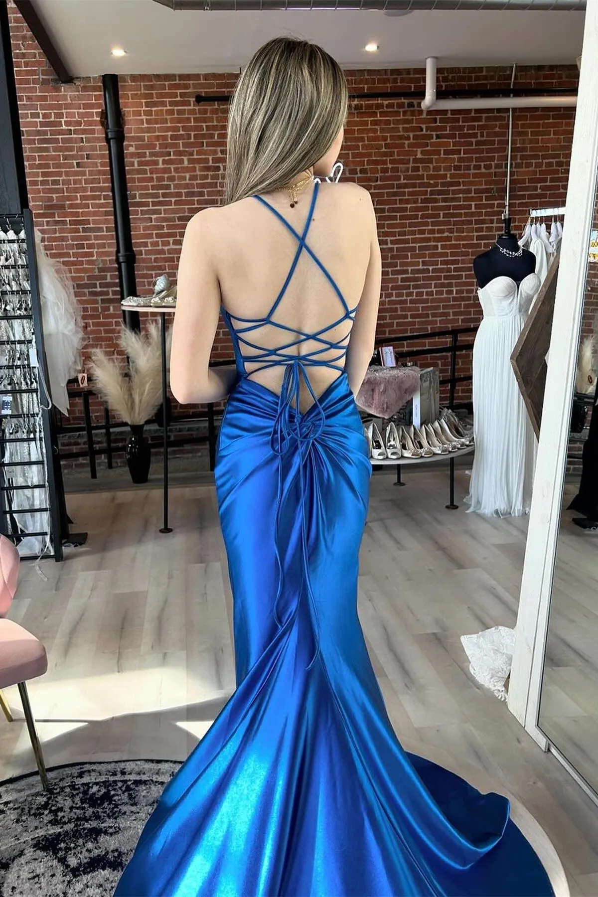 Straps Pink Mermaid Long Prom Dress with Slit