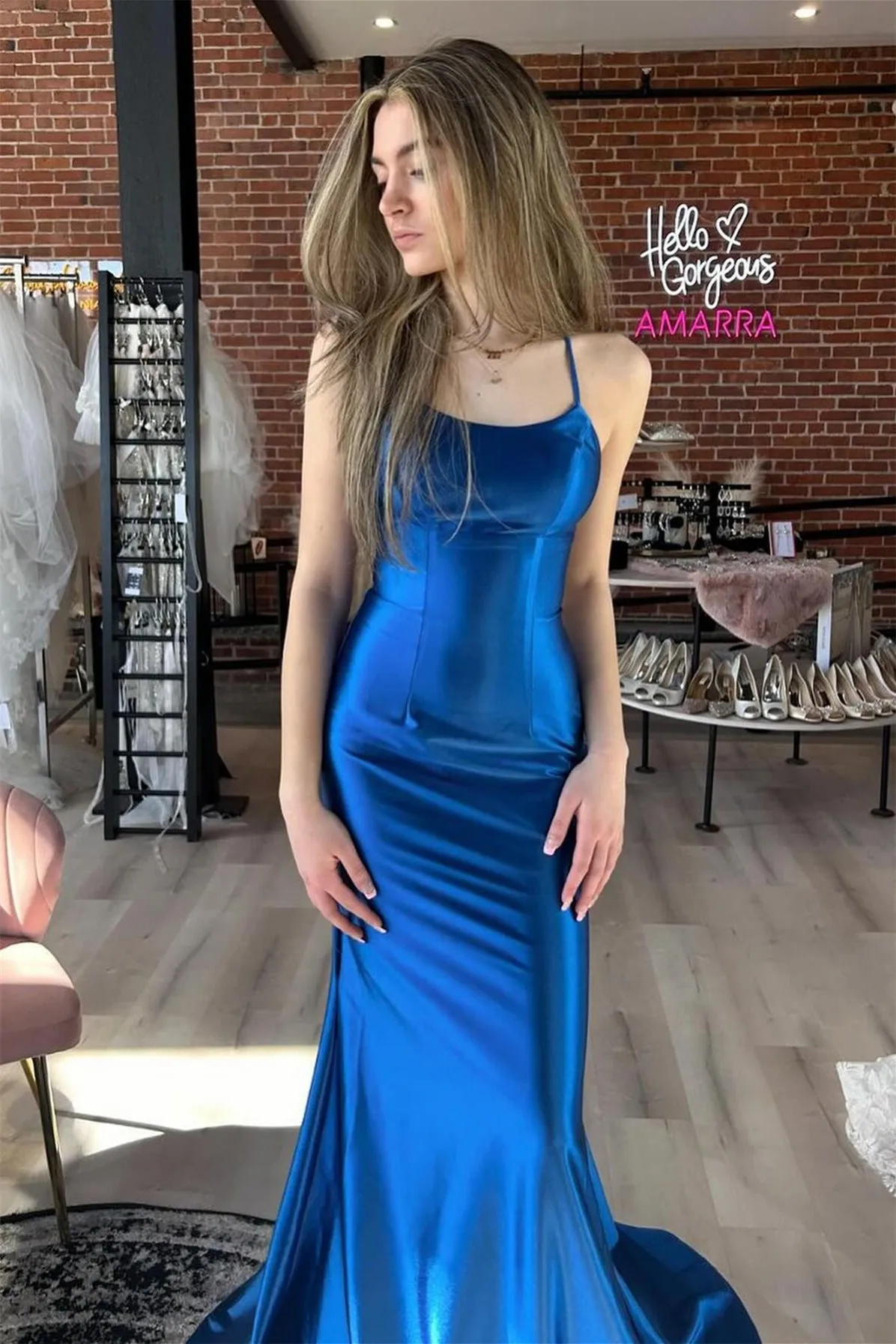 Straps Pink Mermaid Long Prom Dress with Slit