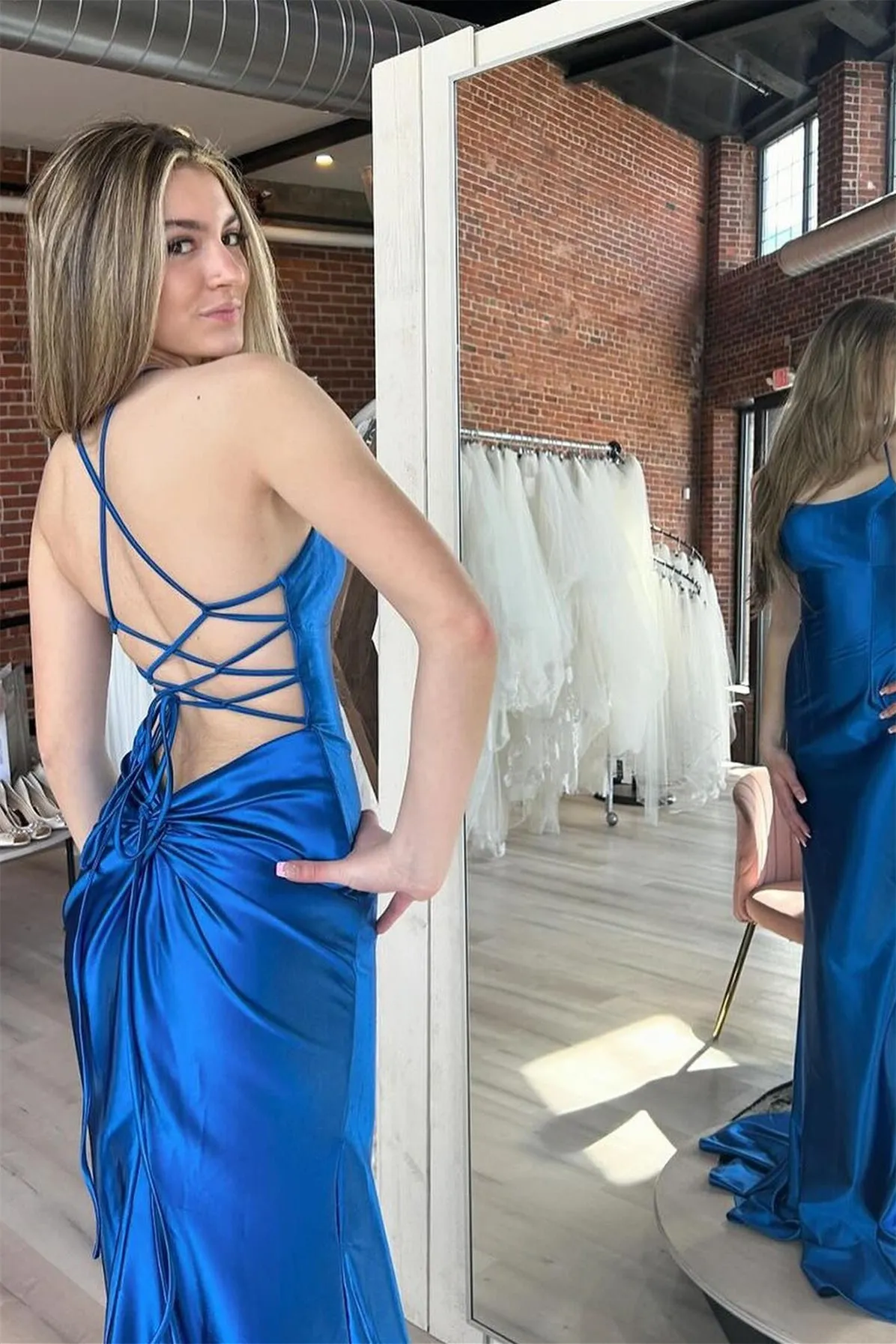 Straps Pink Mermaid Long Prom Dress with Slit
