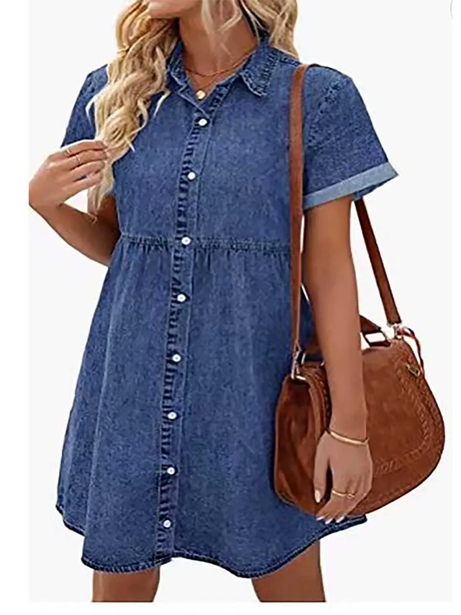 Stunncal Washed Denim Lapel Loose Sweetheart Ruffle Dress