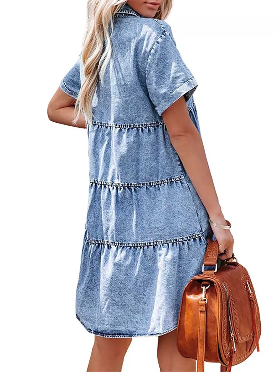 Stunncal Washed Denim Lapel Loose Sweetheart Ruffle Dress