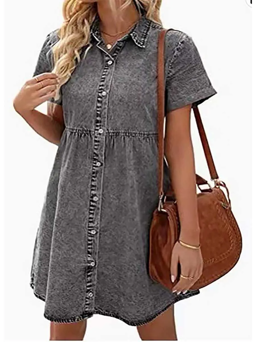 Stunncal Washed Denim Lapel Loose Sweetheart Ruffle Dress