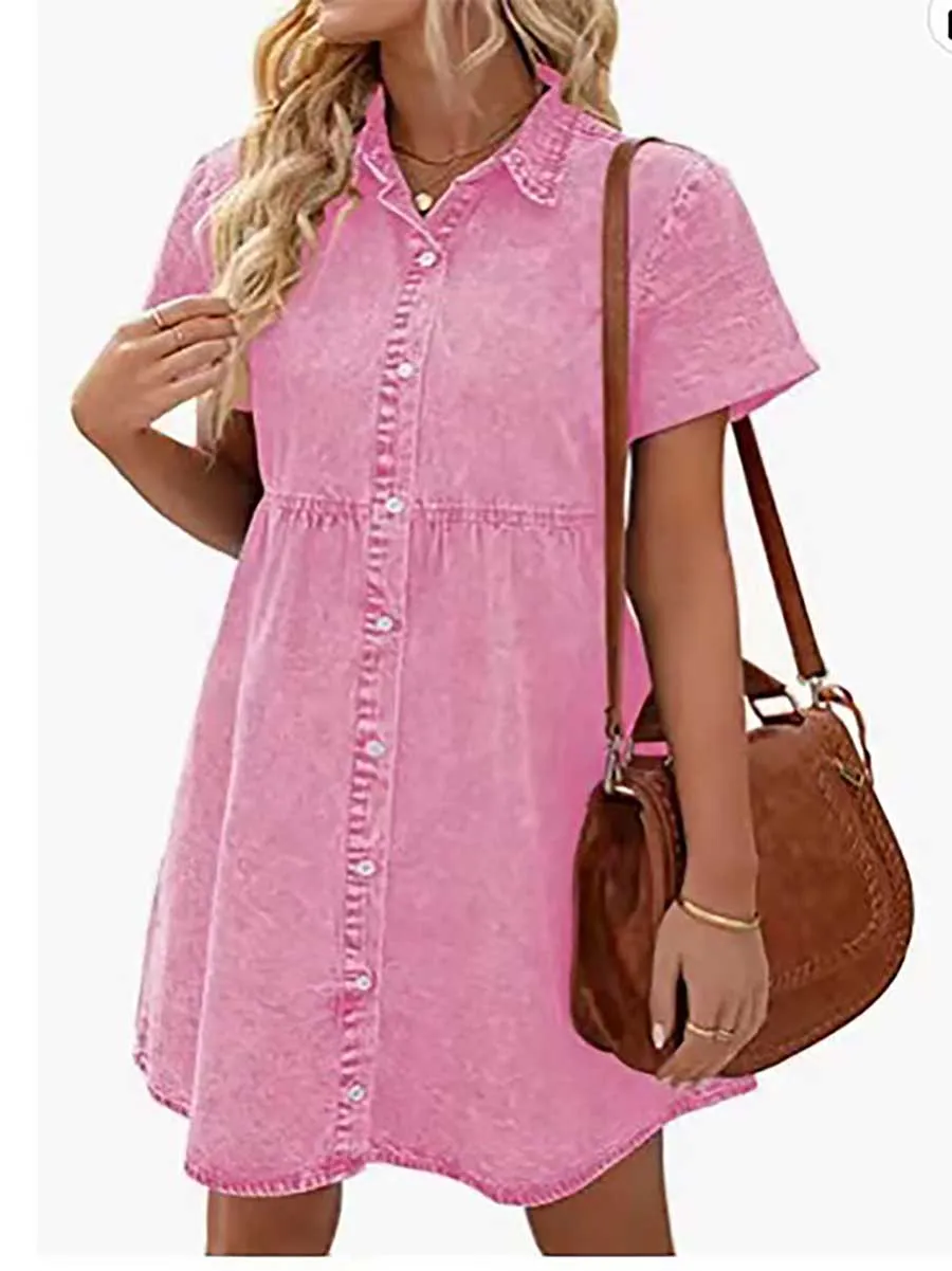 Stunncal Washed Denim Lapel Loose Sweetheart Ruffle Dress