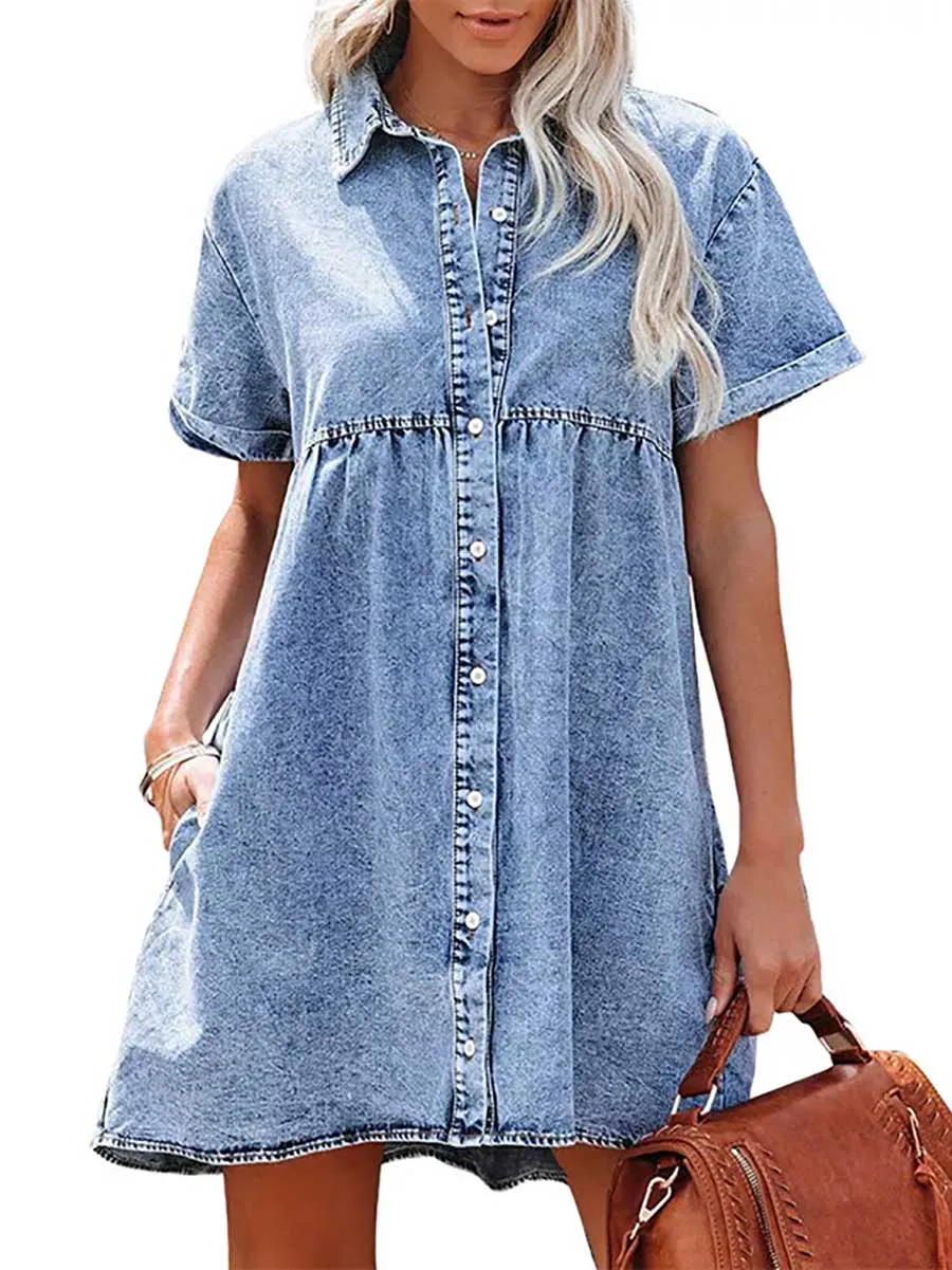 Stunncal Washed Denim Lapel Loose Sweetheart Ruffle Dress