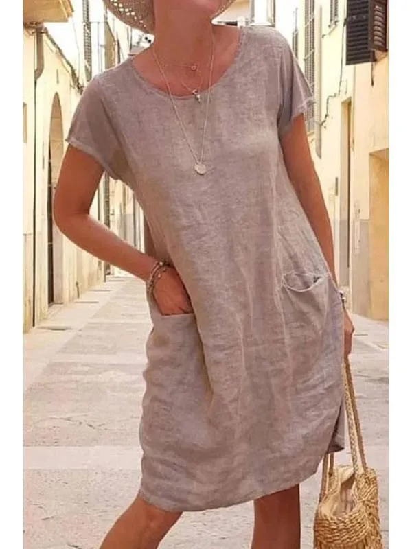 Summer loose solid color pocket cotton and linen Dresses