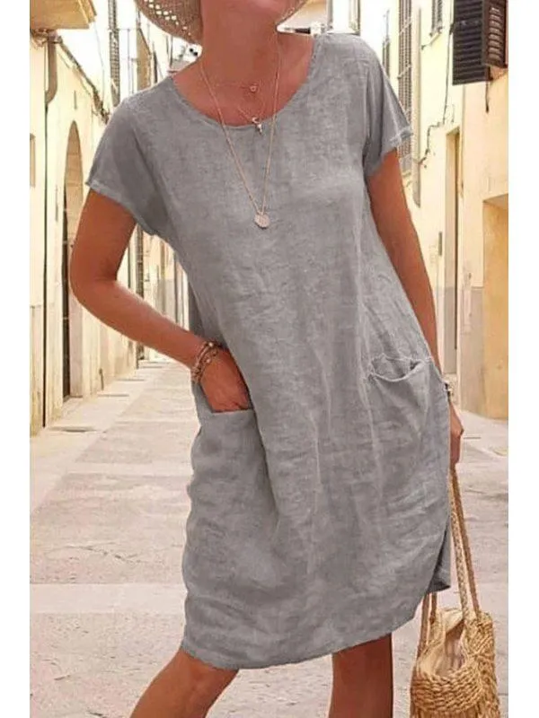 Summer loose solid color pocket cotton and linen Dresses