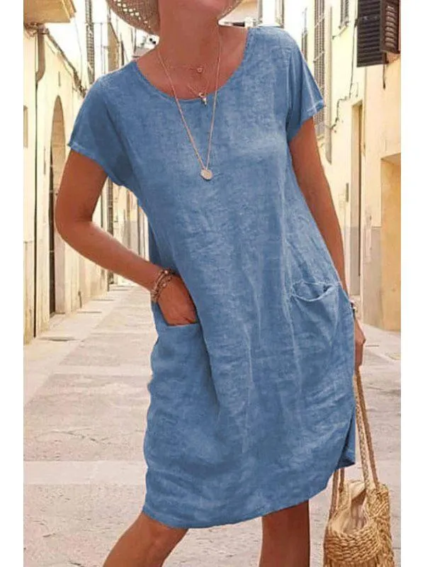 Summer loose solid color pocket cotton and linen Dresses