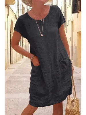 Summer loose solid color pocket cotton and linen Dresses