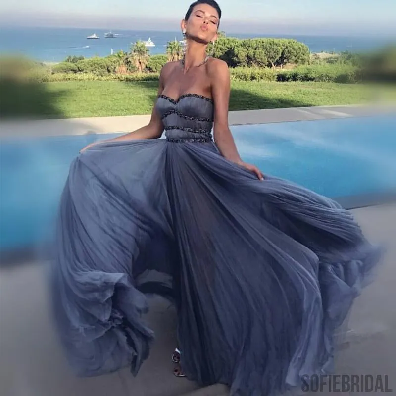 Sweetheart Grey Rhinestone Chiffon A-line Prom Dresses, Cheap Evening Dresses, Long Prom Dresses, PD0332