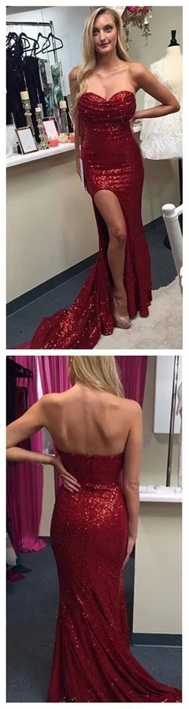 Sweetheart Sexy Side Slit Red Sequin Long Mermaid Prom Dresses, BG0140