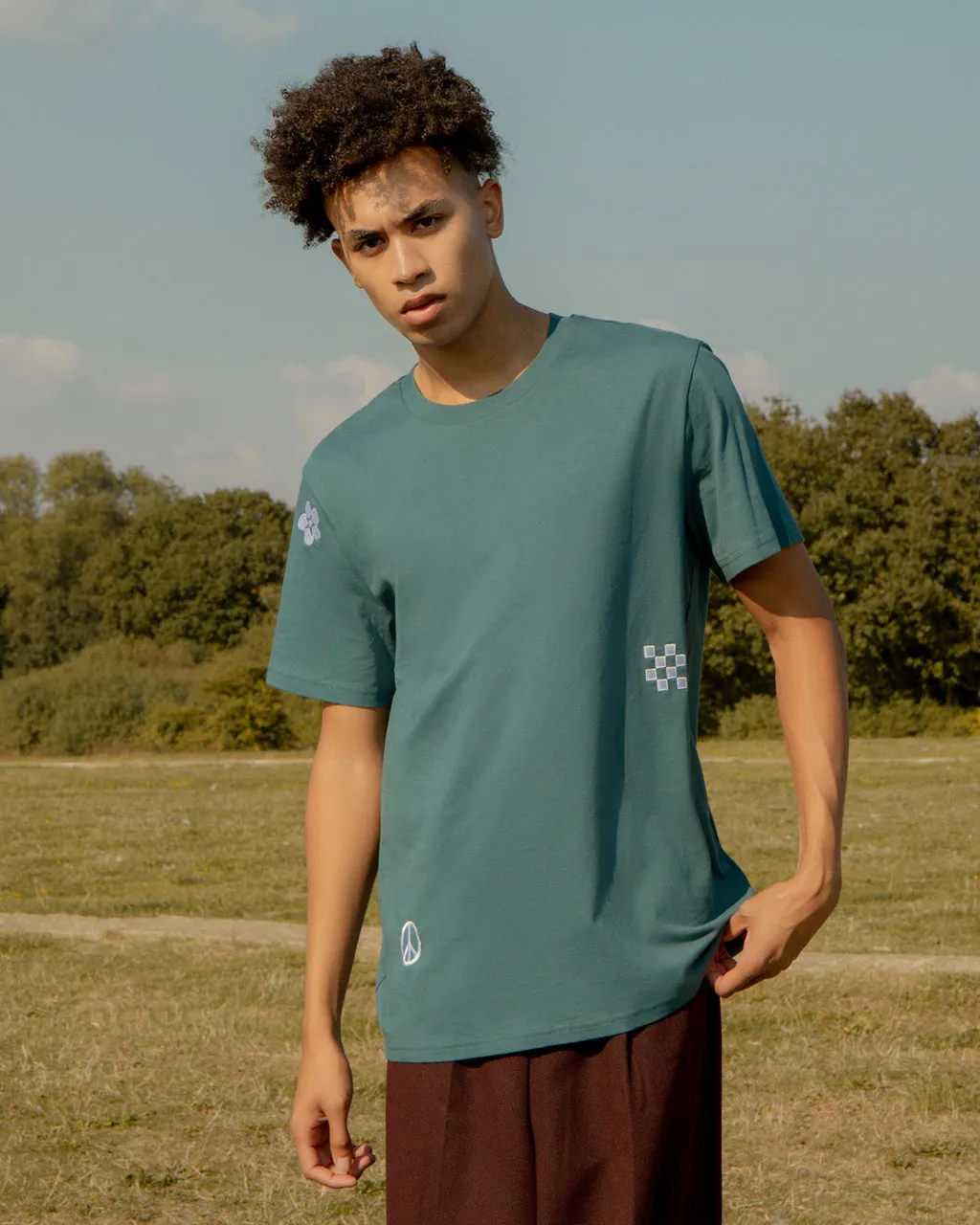 Symbols Embroidered Organic Cotton T-Shirt Teal