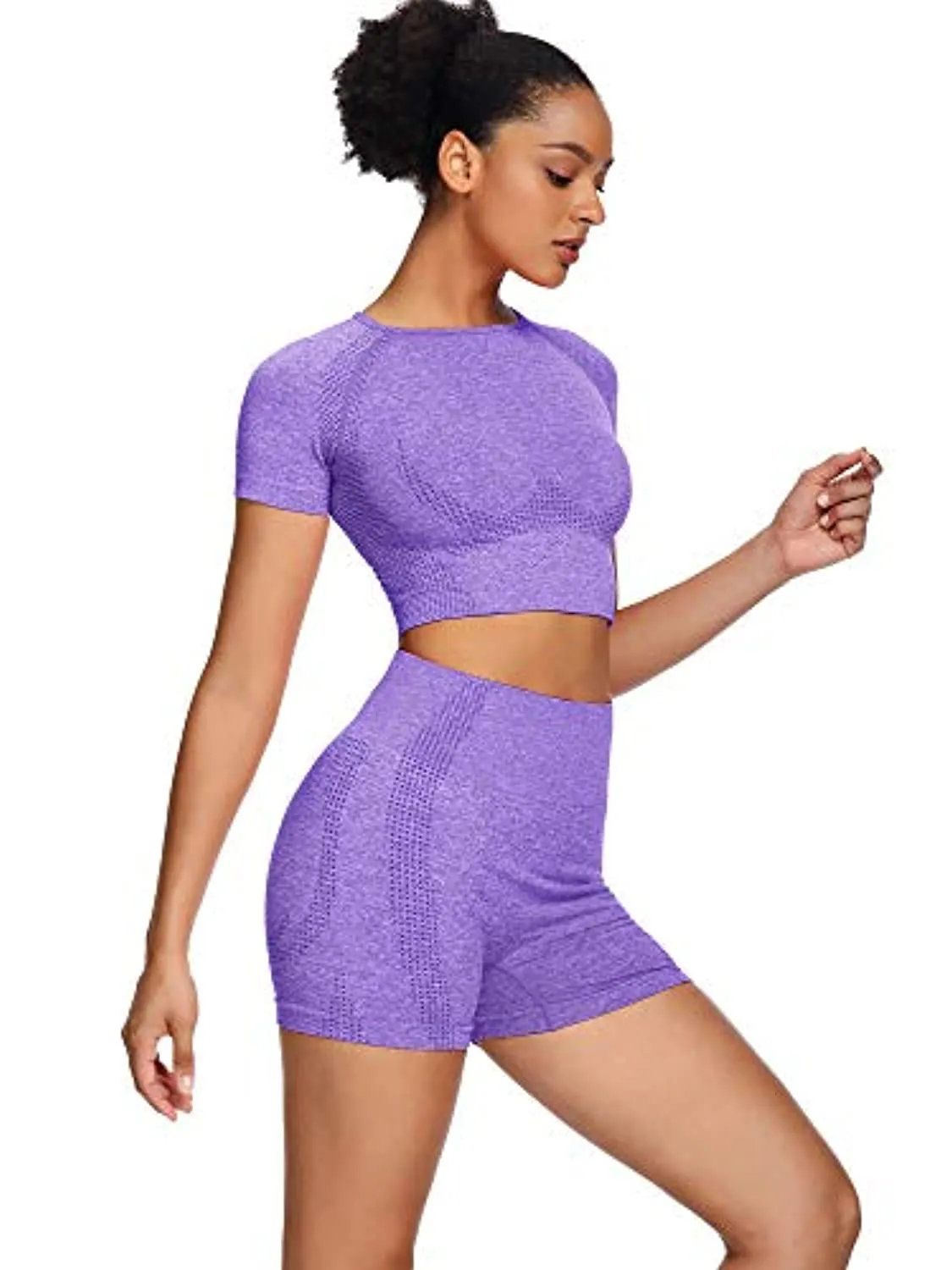 Sytiz Women Seamless Yoga Outfits 2 Piece Set Workout Gym Shorts   Short Sleeve Crop Top
