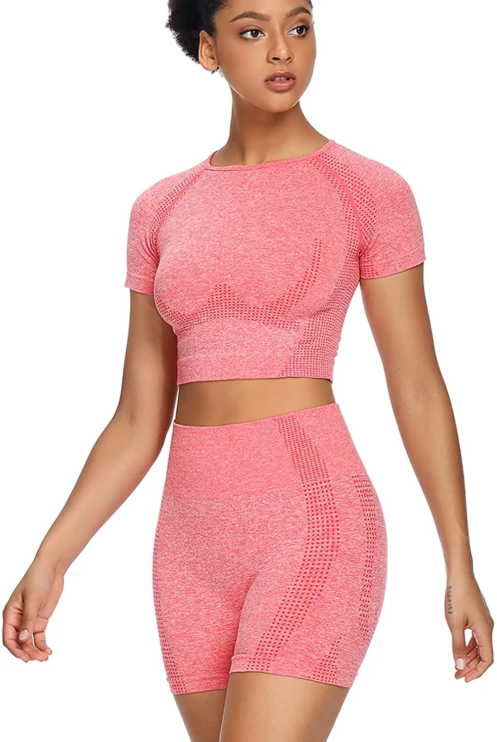 Sytiz Women Seamless Yoga Outfits 2 Piece Set Workout Gym Shorts   Short Sleeve Crop Top