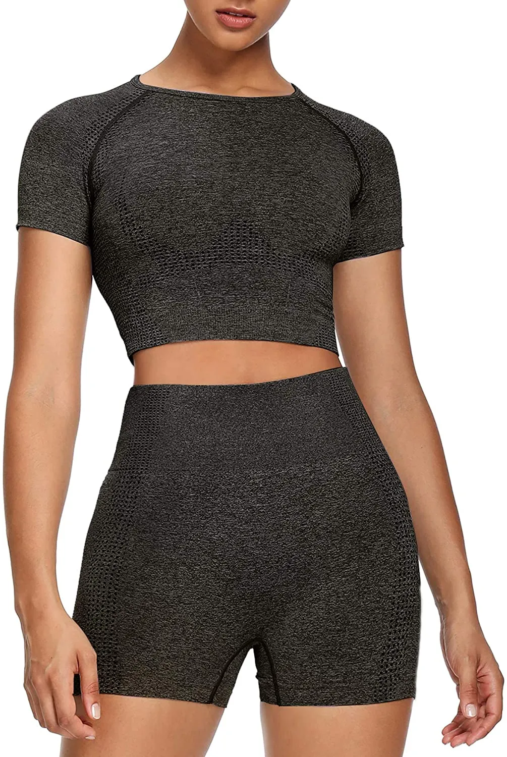 Sytiz Women Seamless Yoga Outfits 2 Piece Set Workout Gym Shorts   Short Sleeve Crop Top