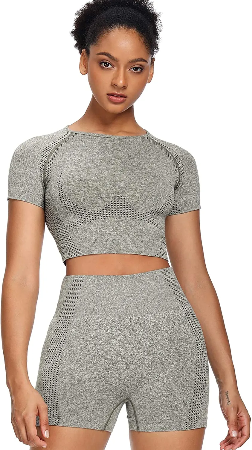 Sytiz Women Seamless Yoga Outfits 2 Piece Set Workout Gym Shorts   Short Sleeve Crop Top