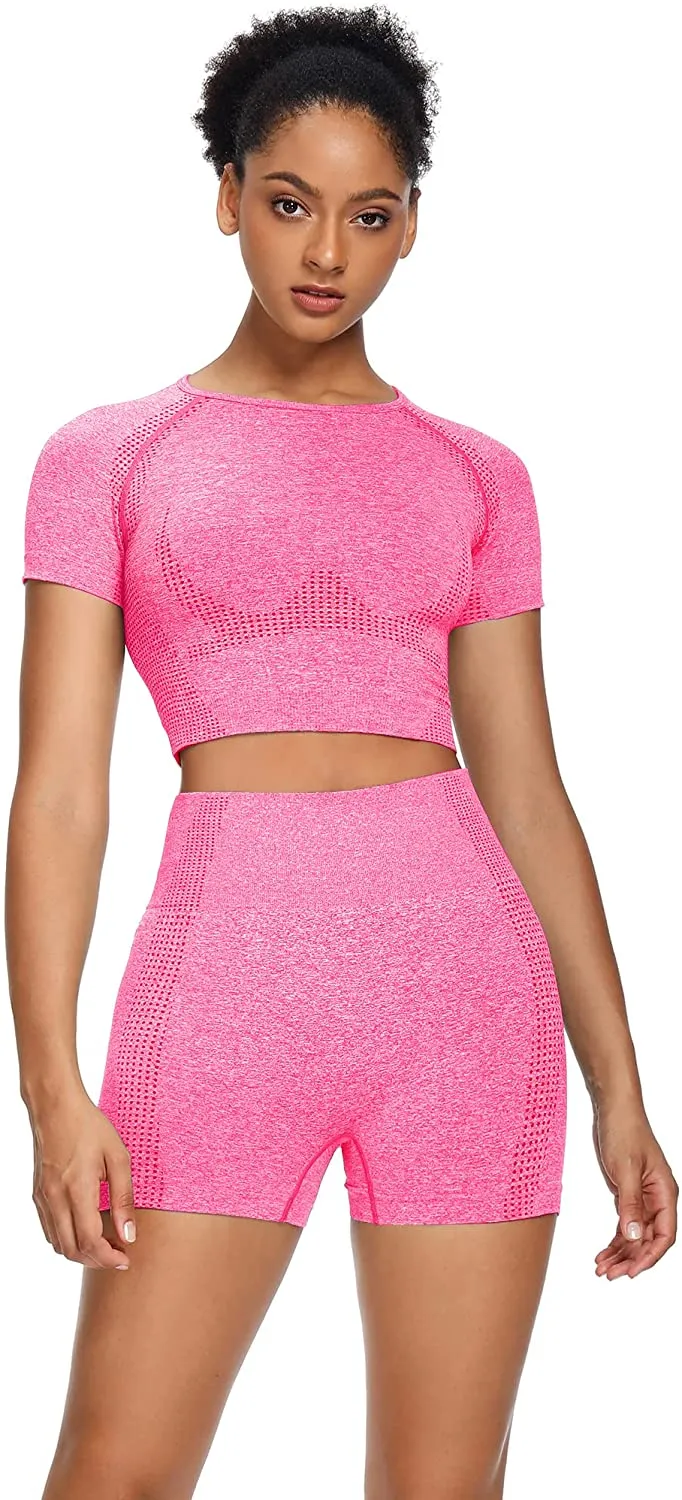 Sytiz Women Seamless Yoga Outfits 2 Piece Set Workout Gym Shorts   Short Sleeve Crop Top