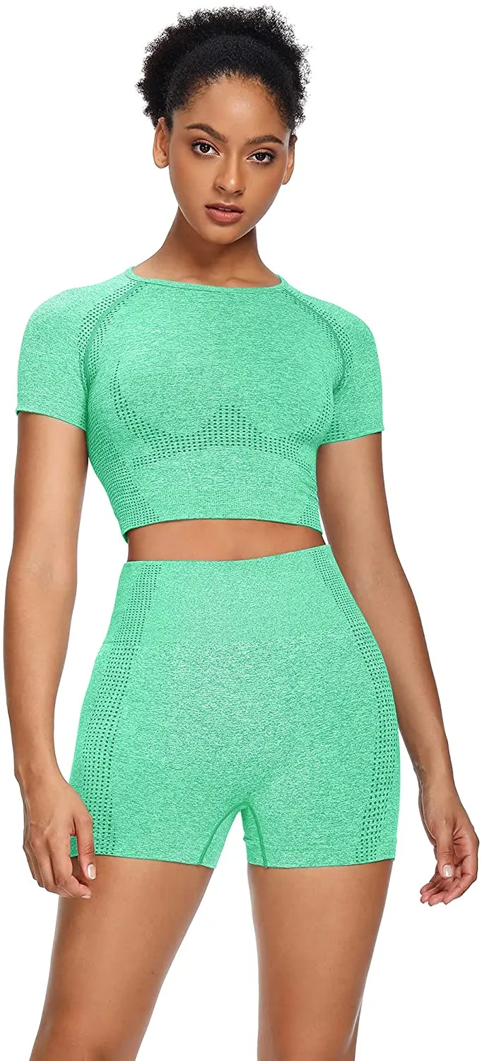 Sytiz Women Seamless Yoga Outfits 2 Piece Set Workout Gym Shorts   Short Sleeve Crop Top