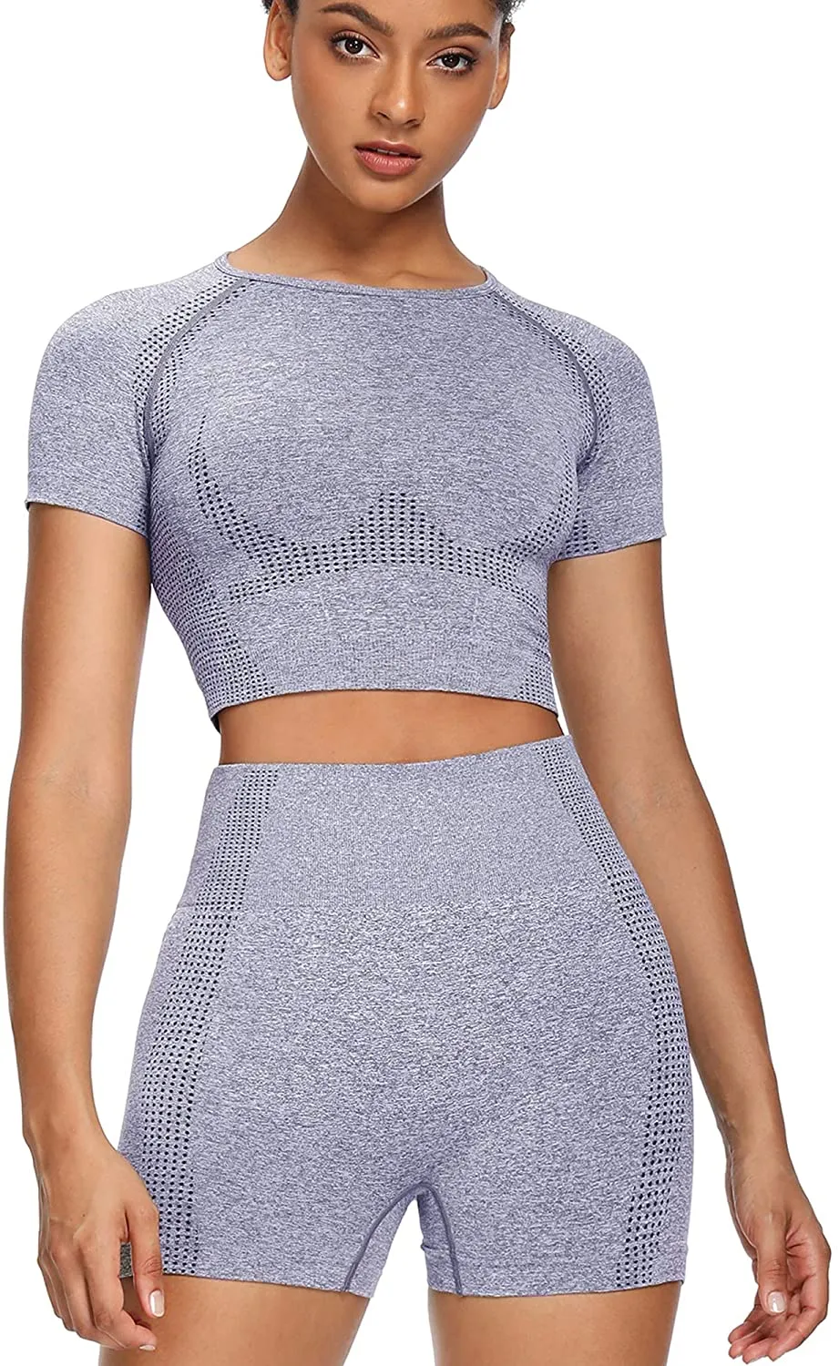 Sytiz Women Seamless Yoga Outfits 2 Piece Set Workout Gym Shorts   Short Sleeve Crop Top