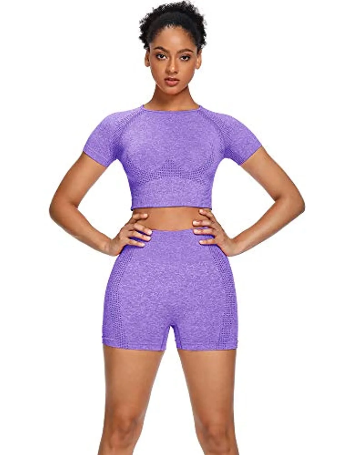 Sytiz Women Seamless Yoga Outfits 2 Piece Set Workout Gym Shorts   Short Sleeve Crop Top