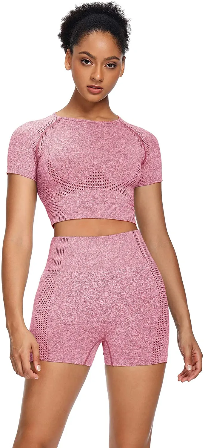 Sytiz Women Seamless Yoga Outfits 2 Piece Set Workout Gym Shorts   Short Sleeve Crop Top
