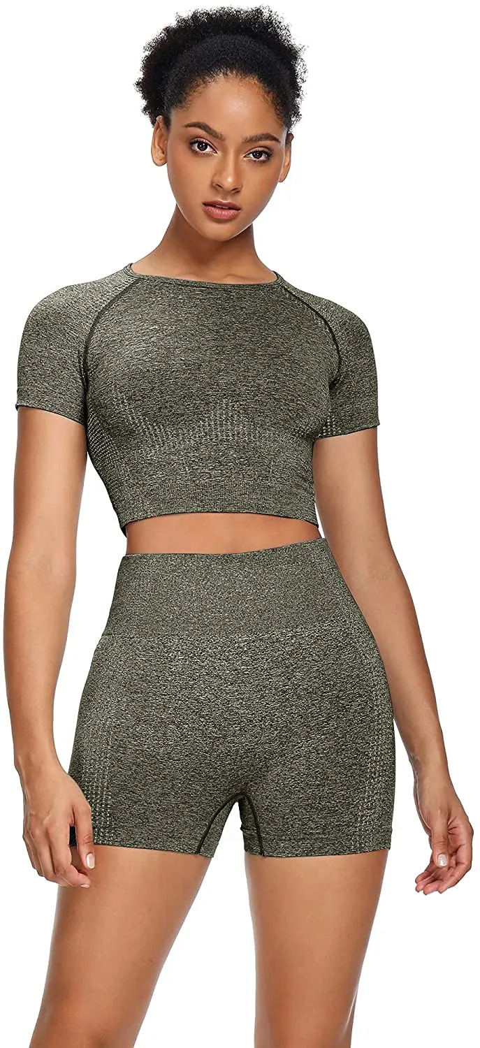 Sytiz Women Seamless Yoga Outfits 2 Piece Set Workout Gym Shorts   Short Sleeve Crop Top