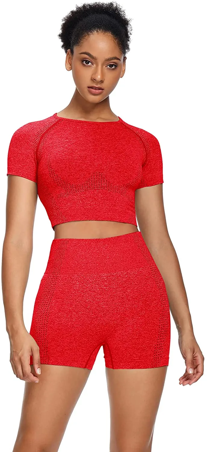Sytiz Women Seamless Yoga Outfits 2 Piece Set Workout Gym Shorts   Short Sleeve Crop Top