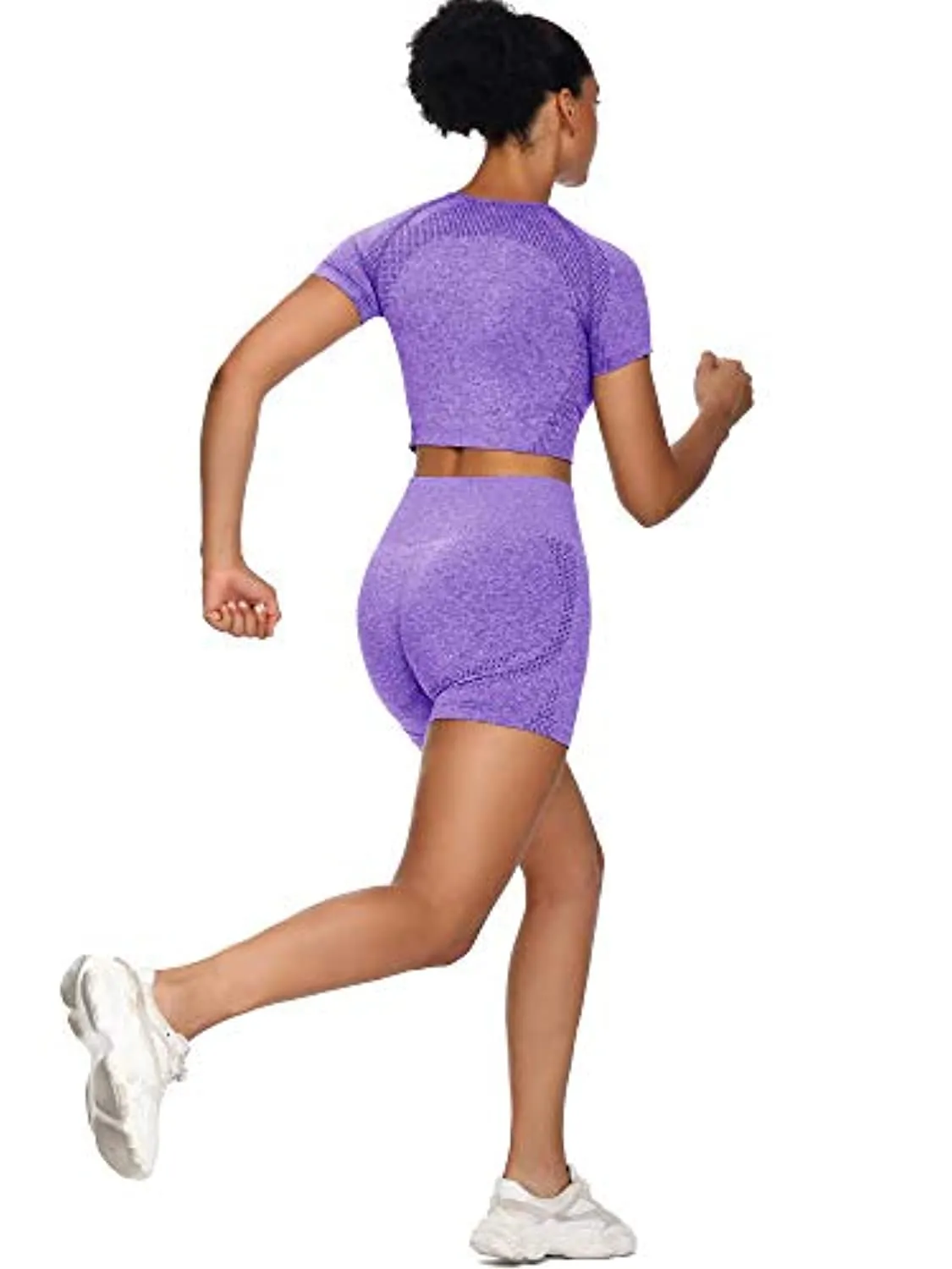 Sytiz Women Seamless Yoga Outfits 2 Piece Set Workout Gym Shorts   Short Sleeve Crop Top